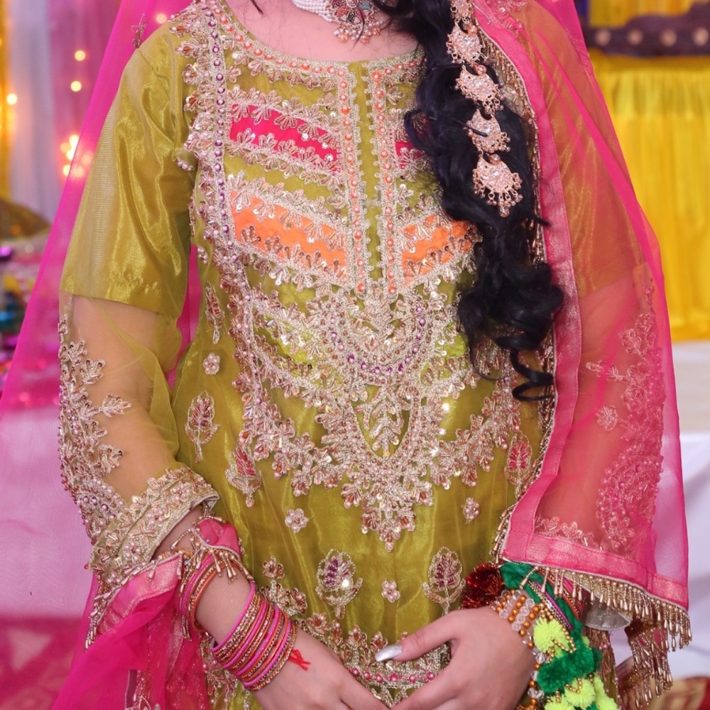 Pakistanti/Indian Bridal Parrot Green Sharara with Matching Pink Dupatta